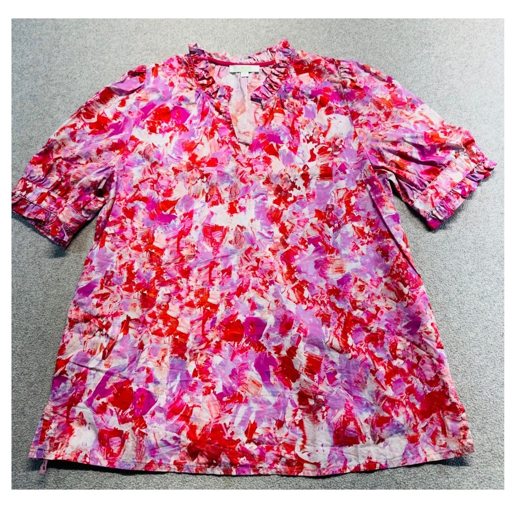 Jade Melody Tam Blouse Womens XS Pink Abstract Ruffle Neck Short Sleeve Boho